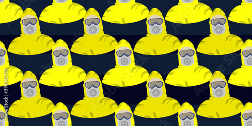 Seamless pattern of Man in protective yellow hazmat suit isolated on stripe dark blue two tone colors background. Safety virus infection concept. Vector illustration eps10.