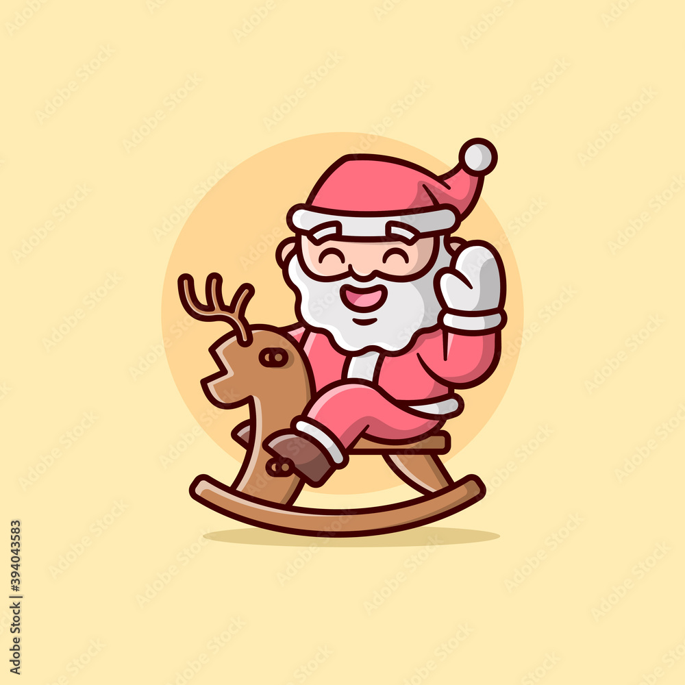 AN HAPPY FACE SANTA CLAUS RIDING A WOODEN DEER ILLUSTRATION