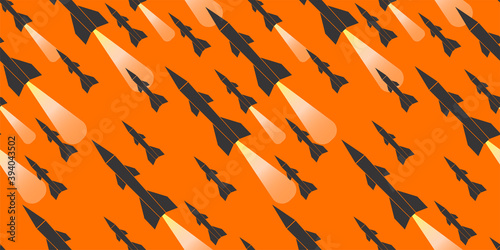 Seamless vector pattern of firing missiles on desert color gradation background. Horizontal banner. Vector illustration EPS10.
