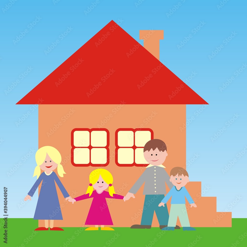 Family in front of the house, vector illustration
