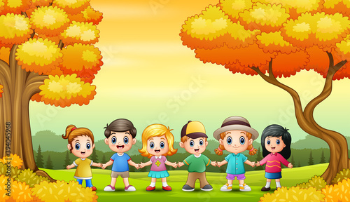 Group of children in the autumn background