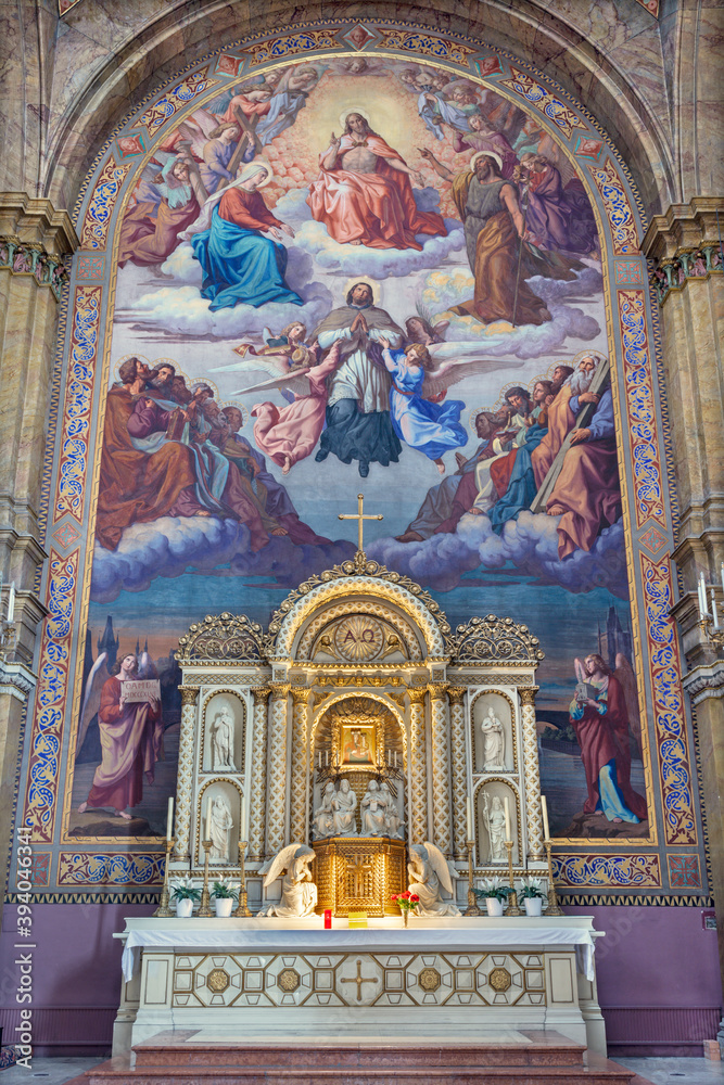 VIENNA, AUSTIRA - OCTOBER 22, 2020: The main altar and fresco of Jesus and Apotheosis of St. John the Nepomuk in St. John the Nepomuk church by Leopold Kupelwieser (1841 - 1844).