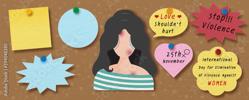 Campaign poster of International day for Elimination Violence Against Women in post it paper with woman character being abused stick on wooden board banner vector design. Blank paper for customer text