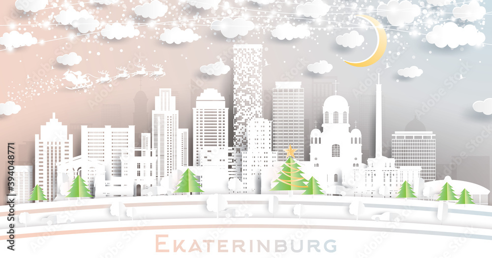 Ekaterinburg Russia City Skyline in Paper Cut Style with Snowflakes, Moon and Neon Garland.