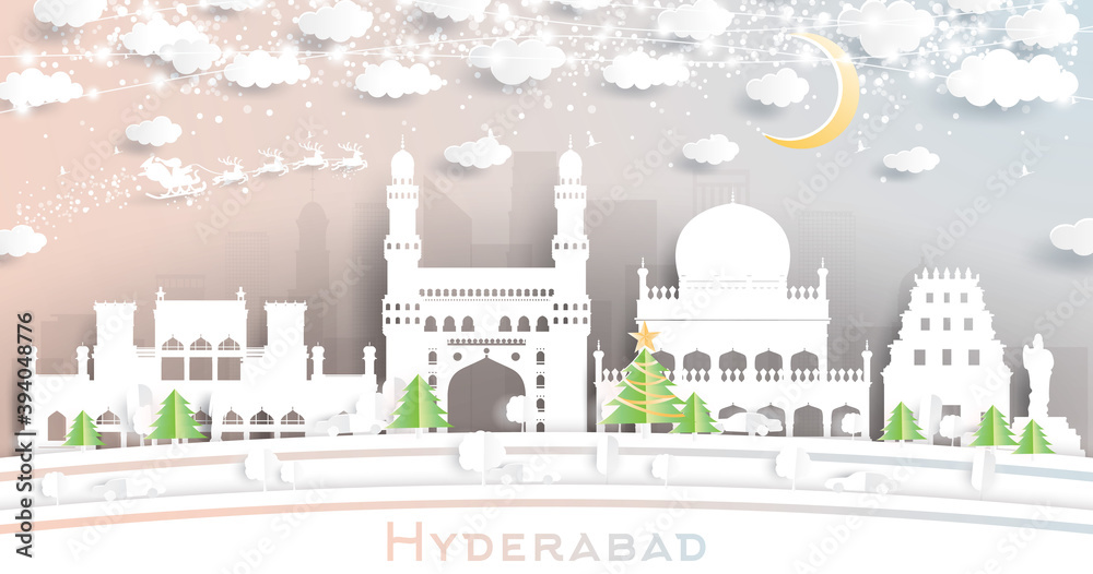 Hyderabad India City Skyline in Paper Cut Style with Snowflakes, Moon and Neon Garland.