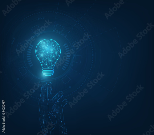 Vector circle tech with light blue and lamp bulb on technology background.