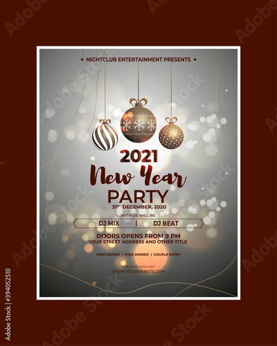 Vector illustration of New Year 2021 party invitation poster with beautiful bokeh background, New year DJ party poster , flyer, big party, free drinks & food, dj night, disco night