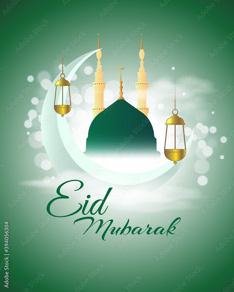 Fototapeta premium vector illustration of greeting for Eid al-Fitr Mubarak text means Eid al-Fitr Mubarak, golden shiny moon and lantern with paper cut beautiful geometrical background in shiny star nigh