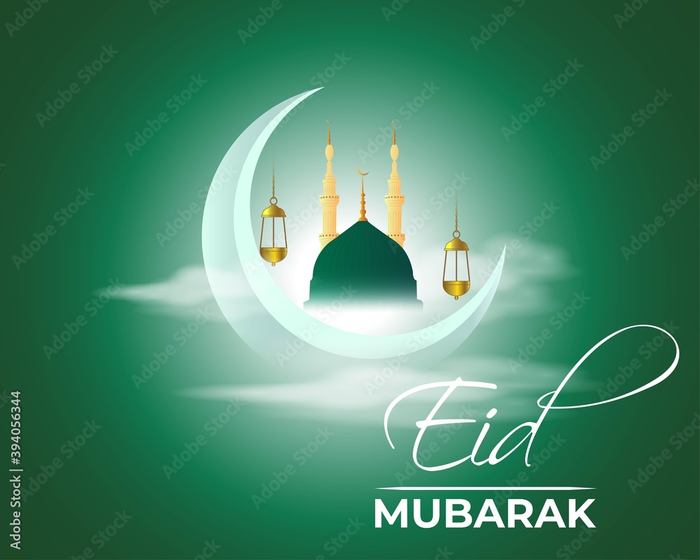 vector illustration of greeting for  Eid al-Fitr Mubarak text means Eid al-Fitr Mubarak, golden shiny moon and lantern with paper cut beautiful geometrical background in shiny star nigh