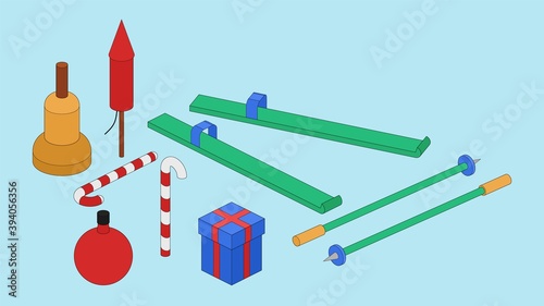 Isometric illustration with bell, firework, christmas candy cane, ball, skis, ski poles and gift boxes.