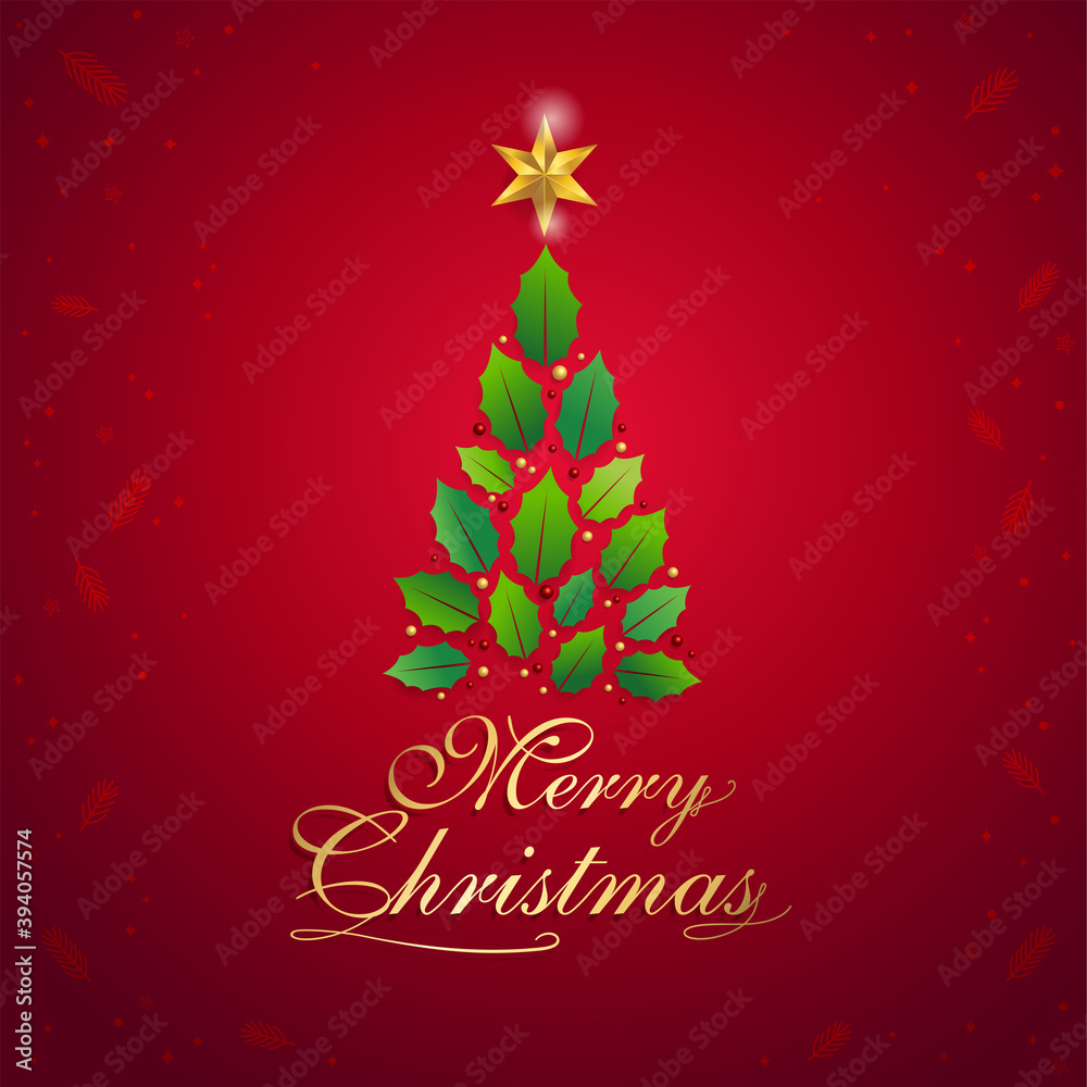 Merry christmas card with graphic christmas tree and gold star in vector illustration