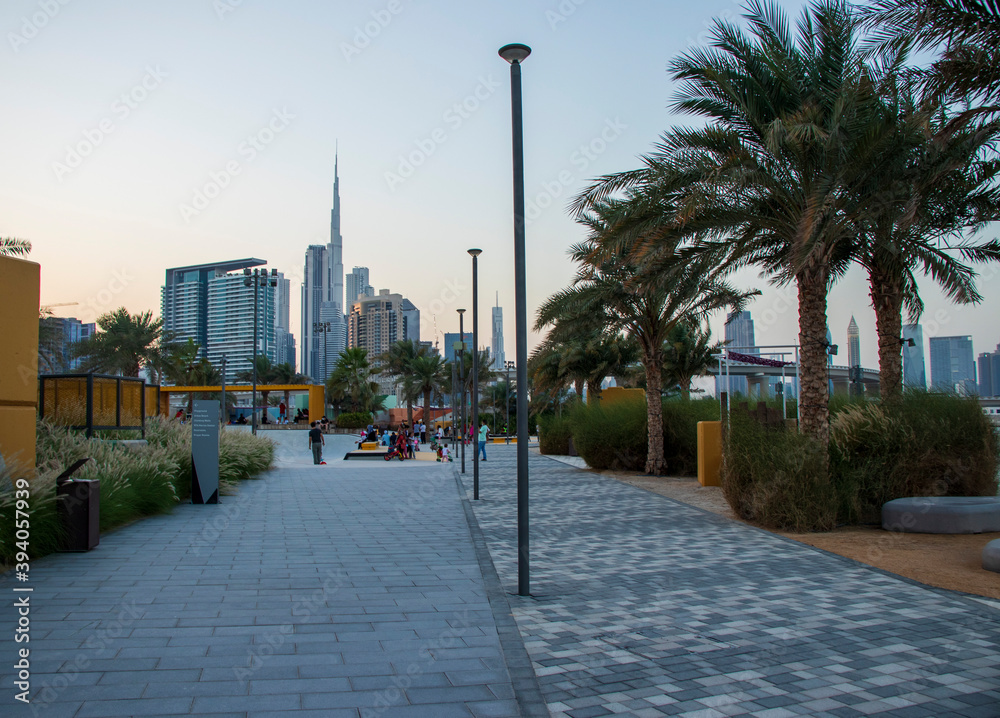 View of a Dubai city skyline during sunset hour. UAE. Dubai Design District.