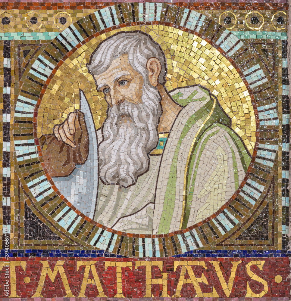 VIENNA, AUSTIRA - OCTOBER 22, 2020: The detail of apostle St. Matthew the Evangelist from mosaic of Immaculate Conception in church Pfarrkirche Kaisermühlen.