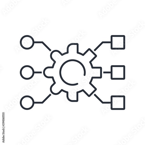 Cogwheel with round and square teeth and multi-format electronic information channels. Converter adapter in the information system. Vector linear icon isolated on white background.