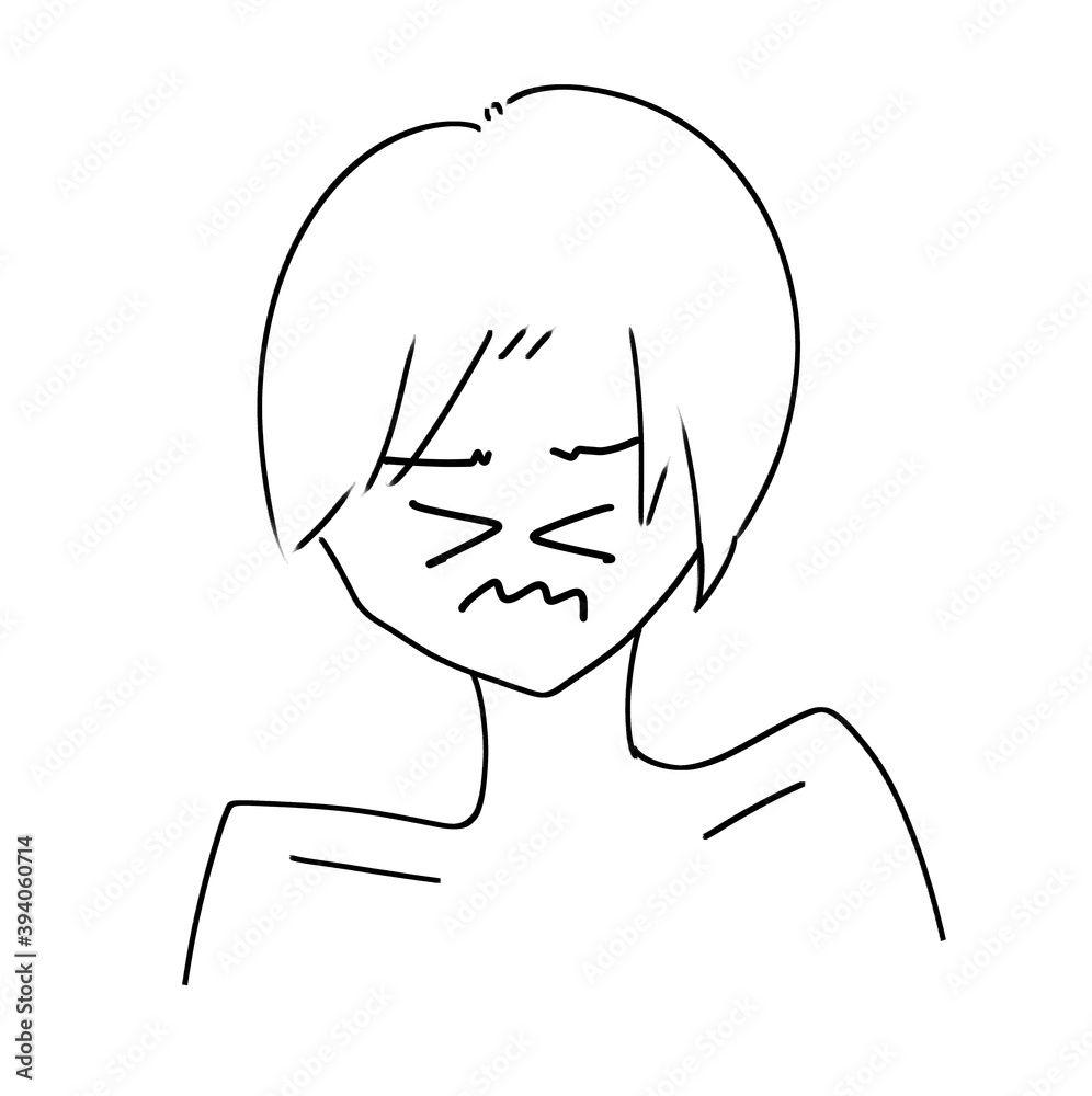 不快で不機嫌な表情をした中性的なショートヘアの人物 不快で不機嫌な表情をした中性的なショートヘアの人物