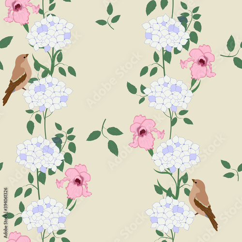 Seamless vector illustration with gentle hydrangea, irises and birds on beige background.
