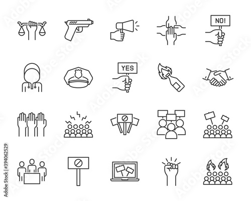 set of protest thin line icons, people, crowd
