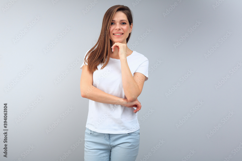 portrait of smiling woman in casual white shirt. portrait of smiling woman in casual white shirt.