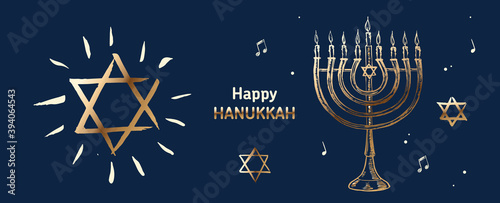Hanukkah blue background with holiday candles, Hebrew David stars. Vector illustration.