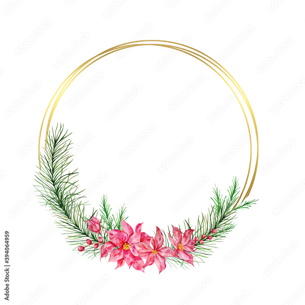 Christmas wreath with golden circles, with fir tree, red winter berries and red winter poinsettia flower