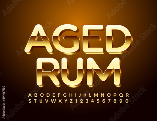 Vector elite emblem Aged Rum. 3D Gold Font. Set of Luxury Alphabet Letters and Numbers set
