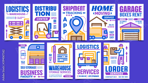 Warehouse Services Promotion Posters Set Vector. Logistics Warehouse And Distribution Center, Shipment Tracking App And Home Moving Advertising Banners. Concept Template Style Color Illustrations