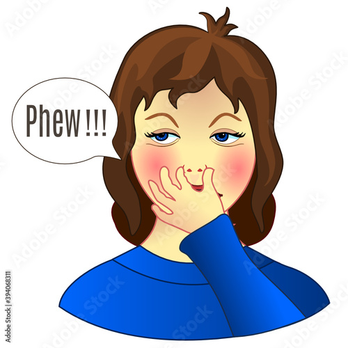 emoticon with dissatisfied woman pinches his nose in disgust because something smells bad, hand drawn cartoon character