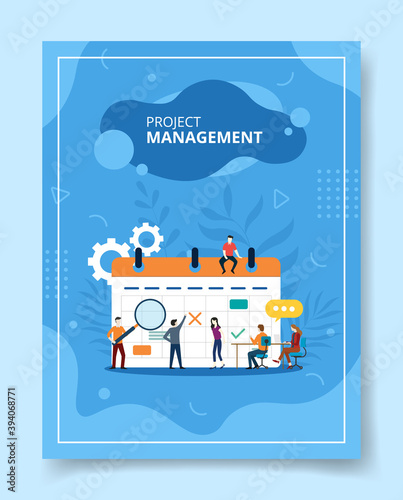 project management people standing sitting on calendar for template of banners, flyer, books cover, magazines with liquid shape style