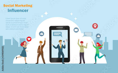 Influencer Social media marketing concept. Start up influencer on smartphone screen and his admirer people with graphical user interface icons on online social network technology.