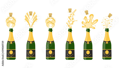 Several bottles of champagne being opened, vector illustration. Open bottle. A set of several champagne flat celebration.