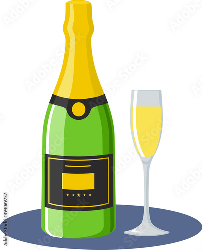 Champagne bottle with glass, flat design modern vector illustration. Unopened champagne bottle. Vector icon. Cheers. Celebration. Holiday toast. Flat illustration