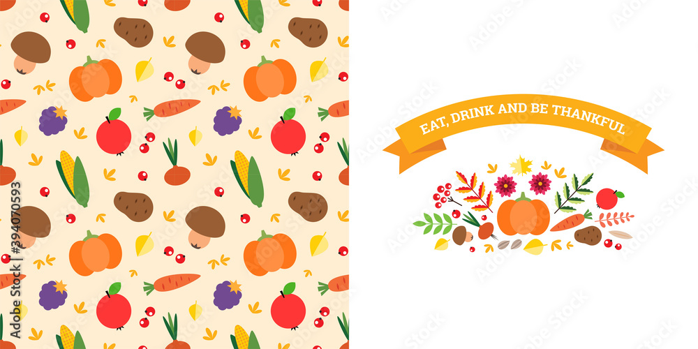 Thanksgiving Day card. Vignette and pattern made of vegetables, berries, autumn leaves and plants. Can be used as folding greeting card, invitation, booklet or flyer. Vector 8 EPS.
