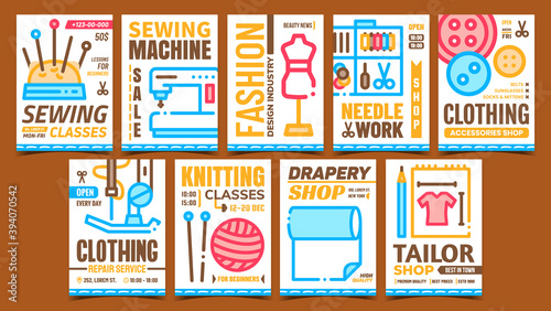 Sewing Creative Advertising Posters Set Vector. Sewing And Knitting Classes, Sewing Machine And Clothing Repair Service Promotion Banners. Concept Template Style Color Illustrations