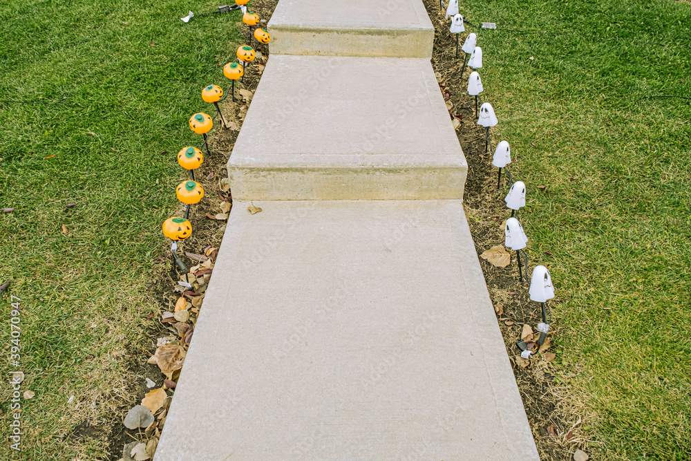 Halloween Decorations on pavement to prepare for Halloween Night