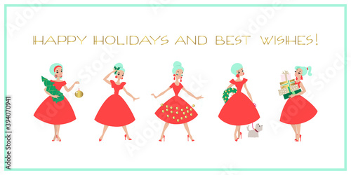 Happy Holidays and Best Wishes. Winter holiday vintage greeting card. Illustration of pretty girls with Christmas decorations. Vector 10 EPS.
