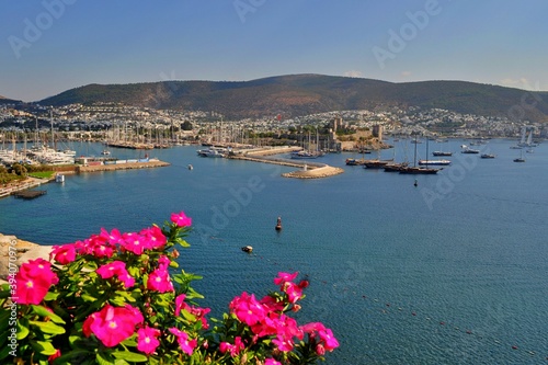 View of the castle and marina in Bodrum, Turkey.