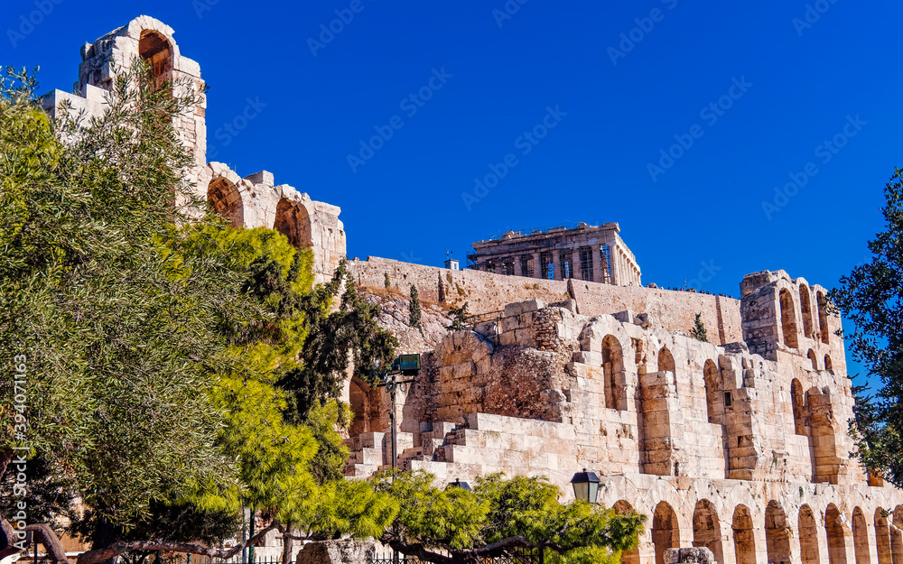 Parthenon and Acropolis walls over the arches of Heriodeion theater, Athens Greece