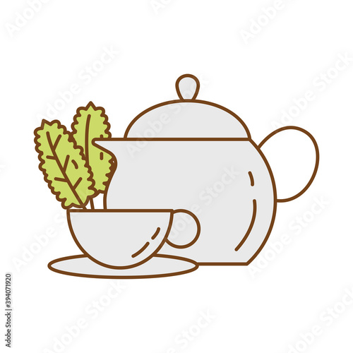 tea in ceramic cup with leafs and teapot fill style icon
