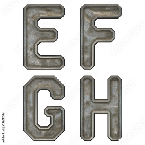 Set of capital letters E, F, G, H made of industrial metal isolated on white background. 3d