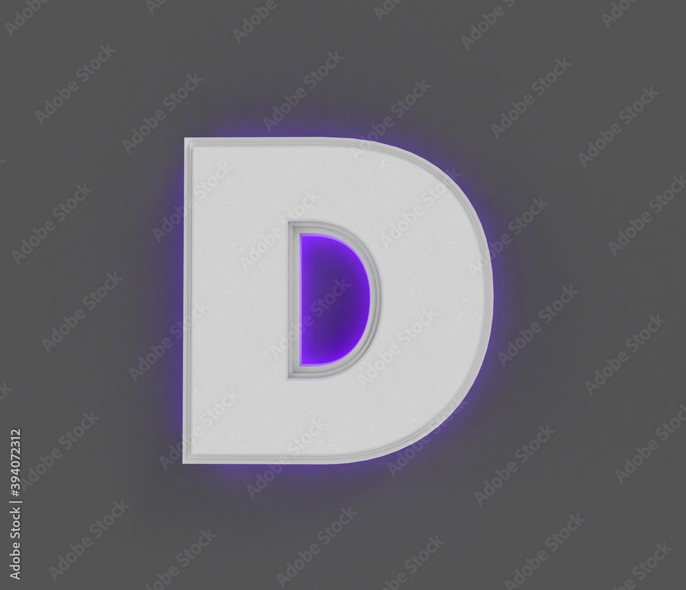 Grey stone alphabet with purple backlight - letter D isolated on dark grey, 3D illustration of symbols Grey stone alphabet with purple backlight - letter D isolated on dark grey, 3D illustration of symbols