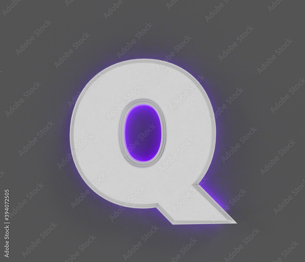 Grey stone font with purple backlight - letter Q isolated on dark grey, 3D illustration of symbols Grey stone font with purple backlight - letter Q isolated on dark grey, 3D illustration of symbols