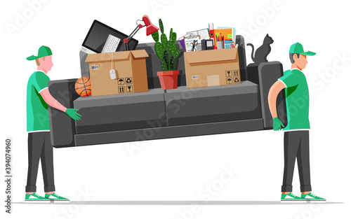 Delivery character man movers carry sofa with household items. Porters carry couch isolated. Moving company with loaders and furniture. Delivery relocation service. Flat vector illustration
