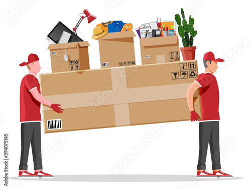 Two workers mover man holding and carrying cardboard box. Courier character holds parcel in hands. Carton delivery packaging box with fragile signs. Free and fast shipping. Flat vector illustration