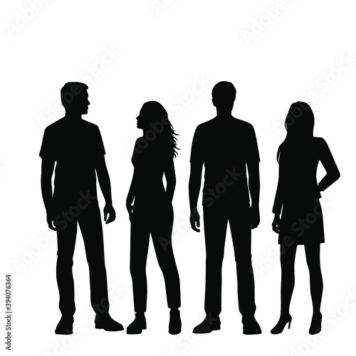 Vector silhouettes of  men and a women, a group of standing  business people, black and white color isolated on white background