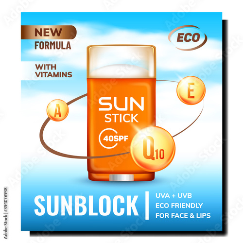 Sunblock Sun Stick Creative Promo Poster Vector. Natural Eco Sunblock Blank Container, Protective Cream With Vitamins For Face And Lips Advertising Banner. Style Color Concept Template Illustration
