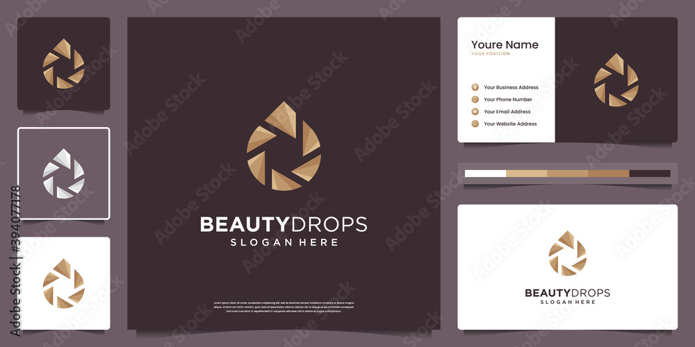 Minimalist beauty gold water drop and olive oil white photography symbol logo and business card design