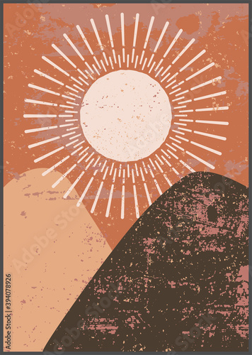 Sunny desert landscape with mountains. Minimalist wall art. Abstract print for boho esthetic interior. Home decor in terracotta, mustard and brown colors. Contemporary printable EPS10 vector