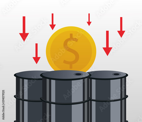 oil price graphic with coin in barrels and arrows down