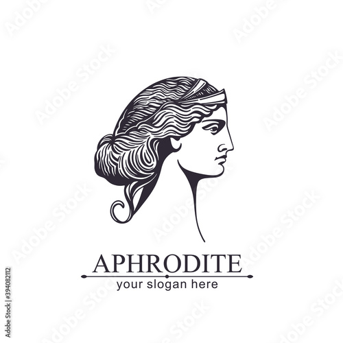 Aphrodite or Venus. Woman face logo. Emblem for a beauty or yoga salon. Style of harmony and beauty. Vector illustration