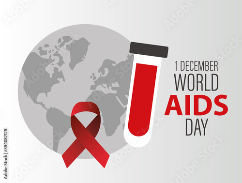 world AIDS day lettering with red ribbon and tube test in earth planet